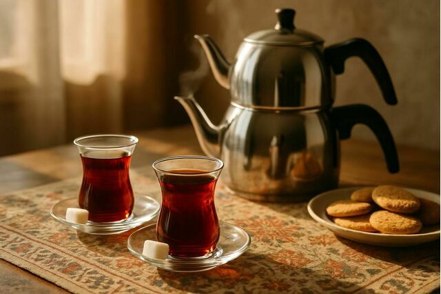 Turkish tea in tulip-shaped glasses beside a two-tier çaydanlık teapot