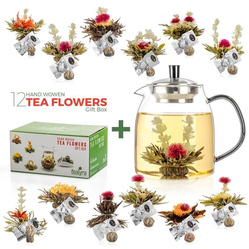 Glass Teapot + 12 Blooming Tea Gift Set Blooming Tea